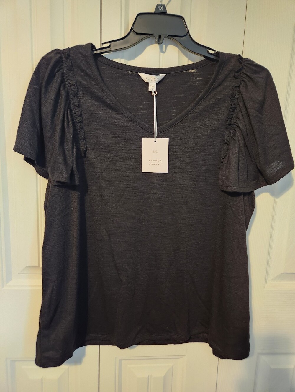 LC Lauren Conrad Black V-Neck Ruffle Sleeve Tee